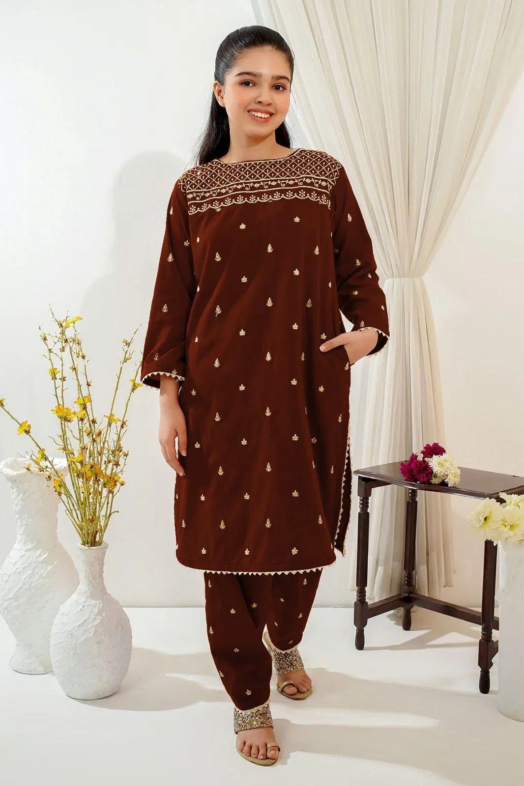 2 Pcs Girl's Linen Embroidered Kurta And Trouser