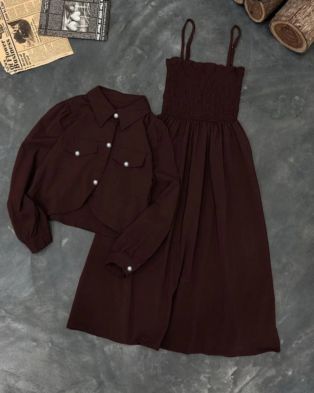 Kaaj Button Coat with Gazzer Romper Frock – 2 Piece Set