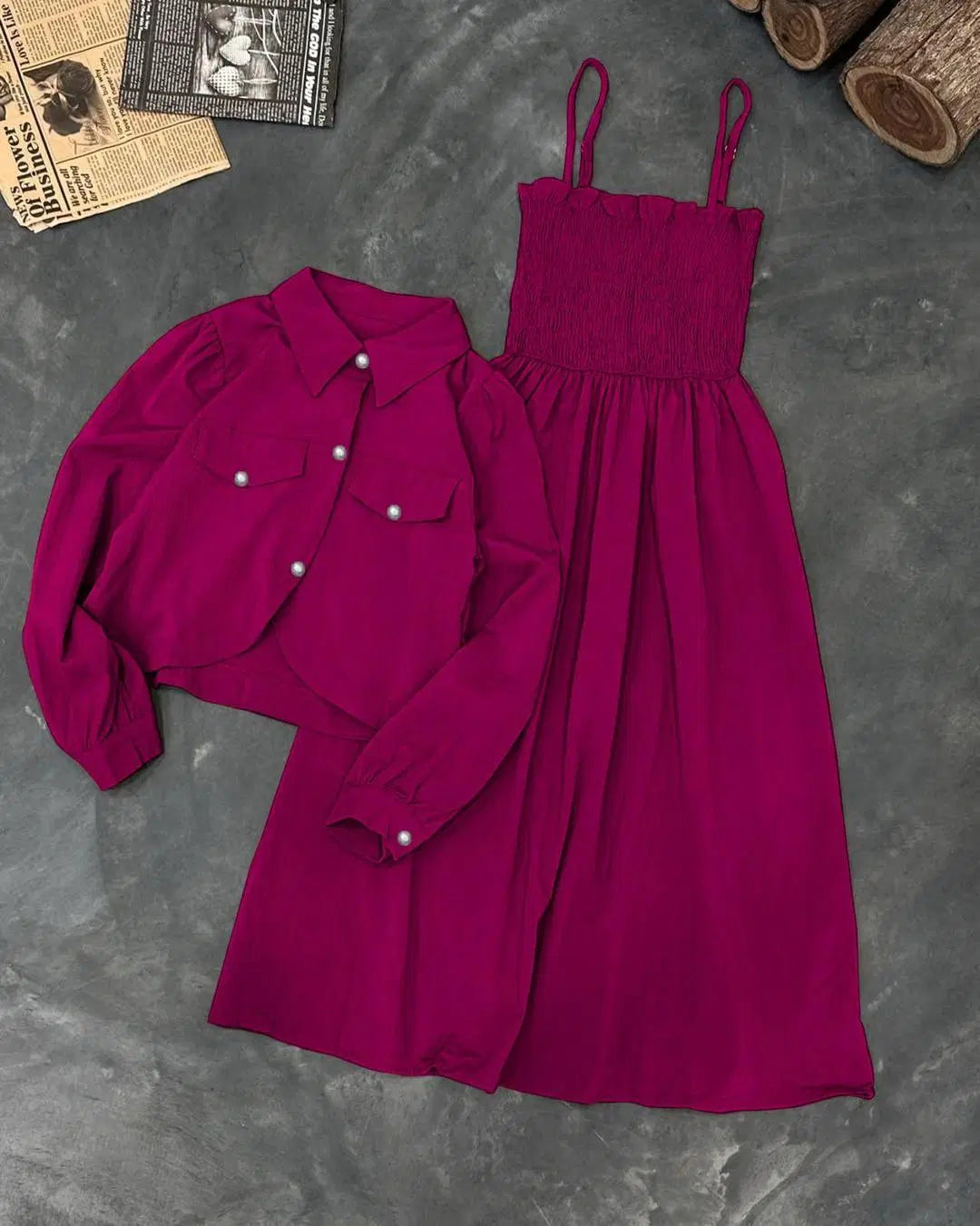 Kaaj Button Coat with Gazzer Romper Frock – 2 Piece Set