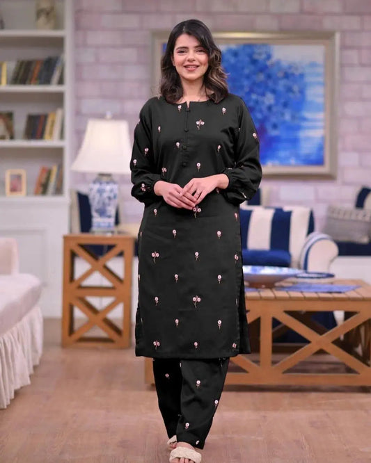 2 Pcs Women's Stitched Embroidered Shirt And Trouser