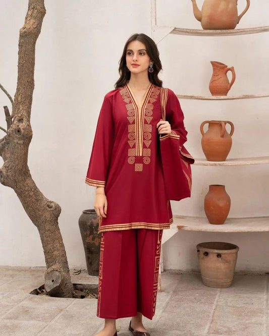 Chic Embroidered Women's Stitched Co-Ord Set in Red Linen