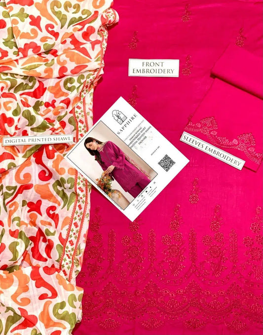 3 Pcs Women's Unstitched Chikankari Embroidered Suit