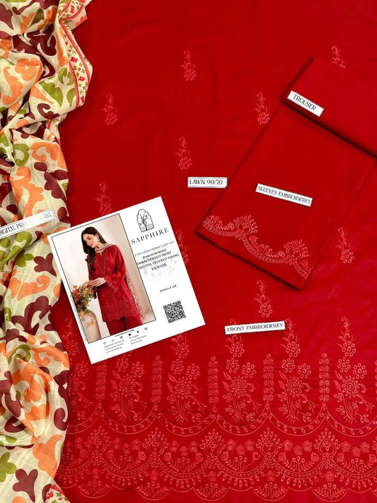 3 Pcs Women's Unstitched Chikankari Embroidered Suit