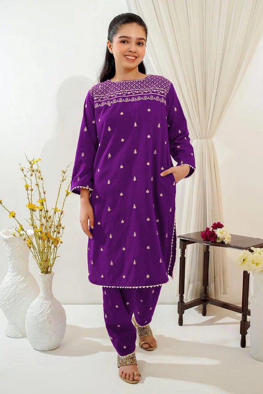 2 Pcs Girl's Linen Embroidered Kurta And Trouser