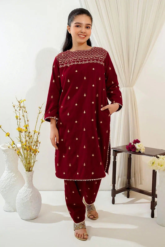 2 Pcs Girl's Linen Embroidered Kurta And Trouser