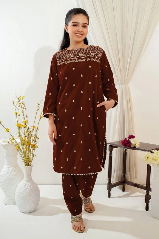 2 Pcs Girl's Linen Embroidered Kurta And Trouser