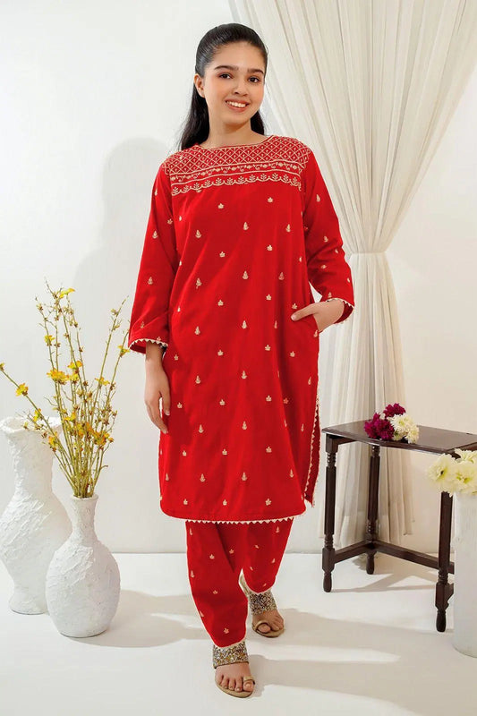 2 Pcs Girl's Linen Embroidered Kurta And Trouser