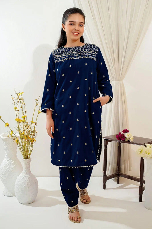 2 Pcs Girl's Linen Embroidered Kurta And Trouser