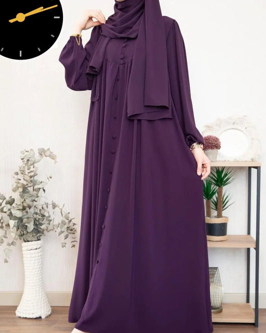Classic Georgette Abaya with Stoller - 2 Pcs in Elegant Purple