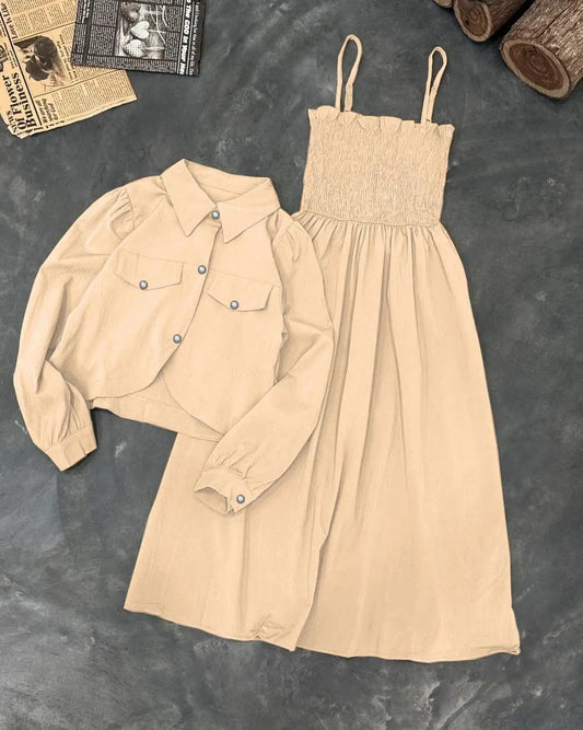 Kaaj Button Coat with Gazzer Romper Frock – 2 Piece Set