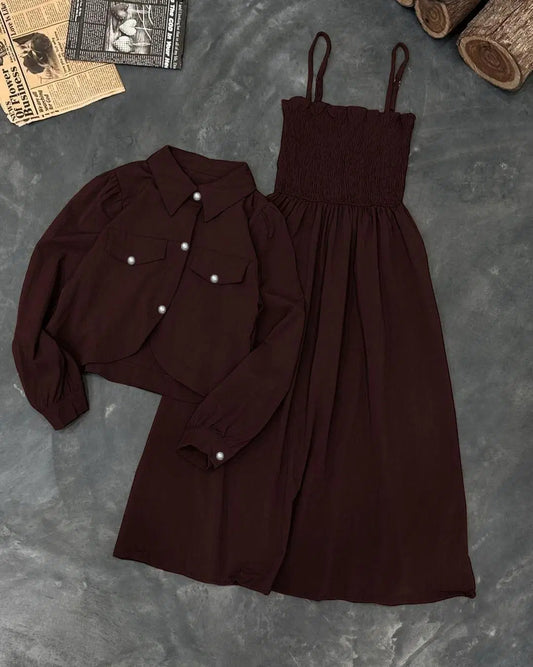 Kaaj Button Coat with Gazzer Romper Frock – 2 Piece Set