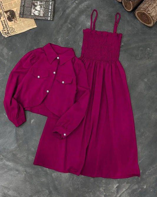 Kaaj Button Coat with Gazzer Romper Frock – 2 Piece Set