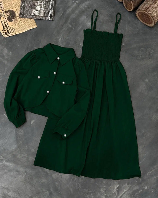 Kaaj Button Coat with Gazzer Romper Frock – 2 Piece Set