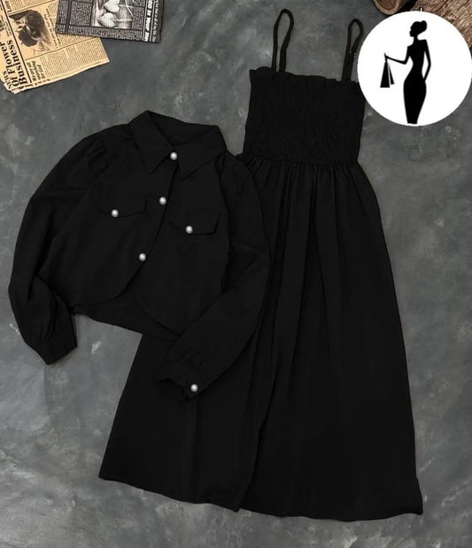Kaaj Button Coat with Gazzer Romper Frock – 2 Piece Set
