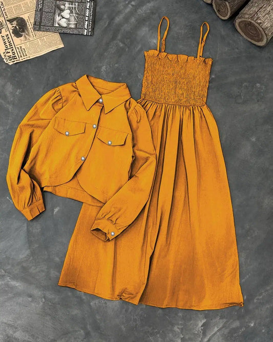Kaaj Button Coat with Gazzer Romper Frock – 2 Piece Set