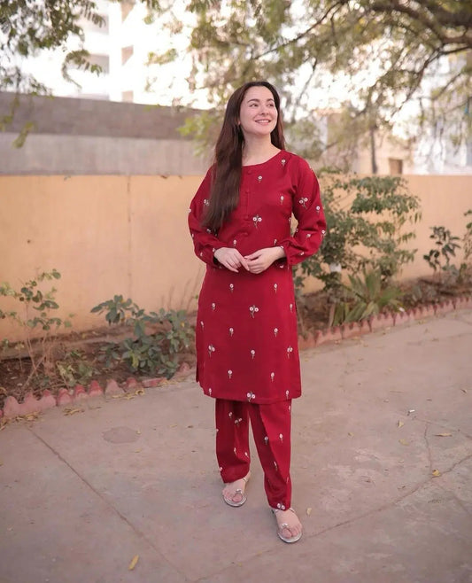 2 Pcs Women's Stitched Embroidered Shirt And Trouser