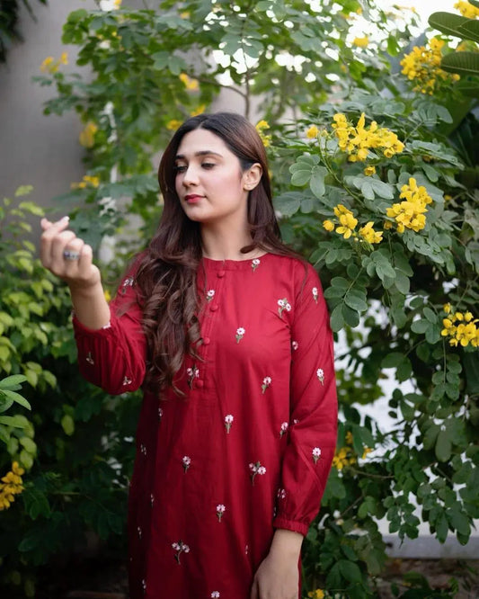 2 Pcs Women's Stitched Embroidered Shirt And Trouser