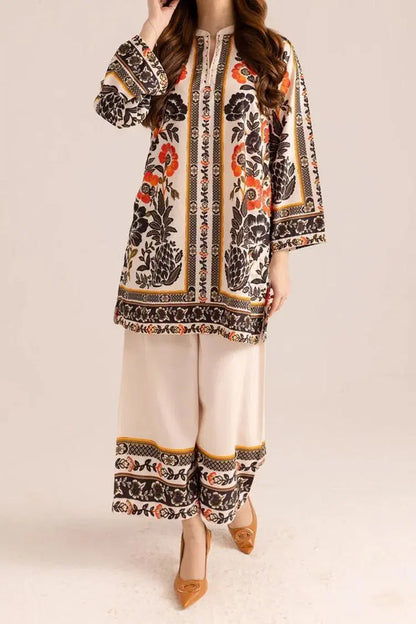 Stylish Printed V-Neck Shirt and Plain Trouser Set - 2 Pcs for Women
