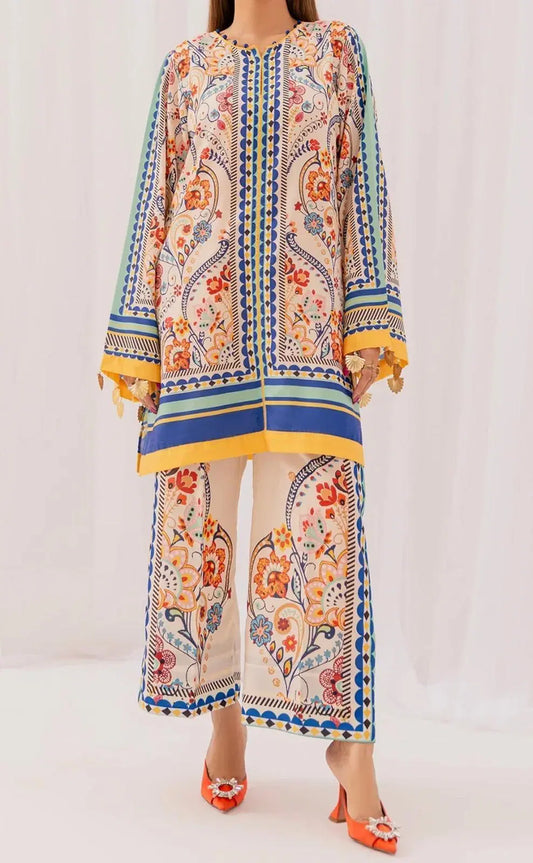 Stylish Printed V-Neck Shirt and Plain Trouser Set - 2 Pcs for Women