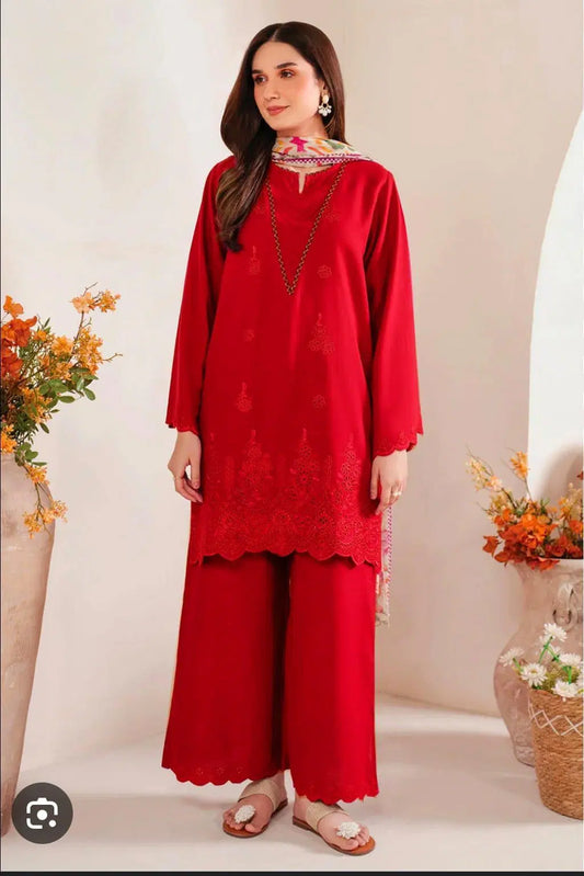 3 Pcs Women's Unstitched Chikankari Embroidered Suit
