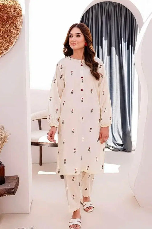 2 Pcs Women's Stitched Linen Embroidered Shirt And Trouser
