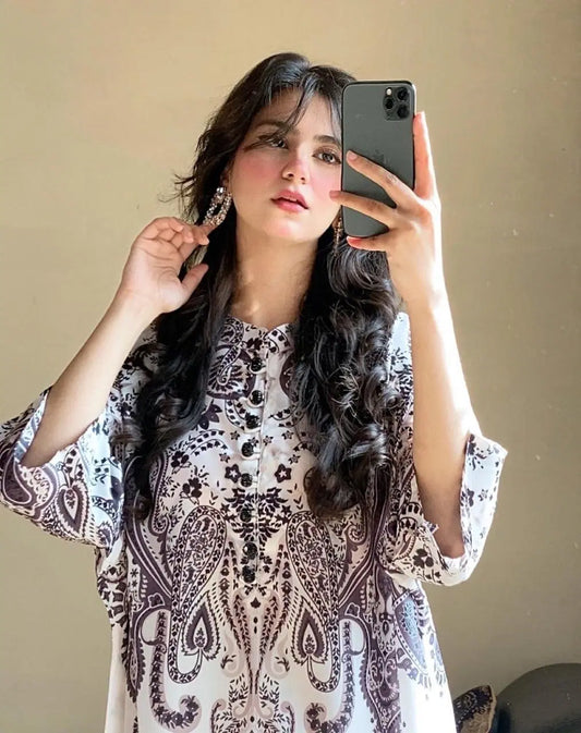 2 Pcs Women's Stitched Swiss Lawn Printed Shirt And Trouser