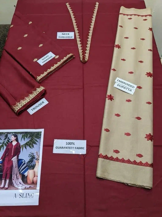 3 Pcs Women's Unstitched Embroidered Suit